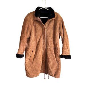 VTG Steve Searle Neiman Marcus Quilted Suede Faux Fur Coat Oversized L